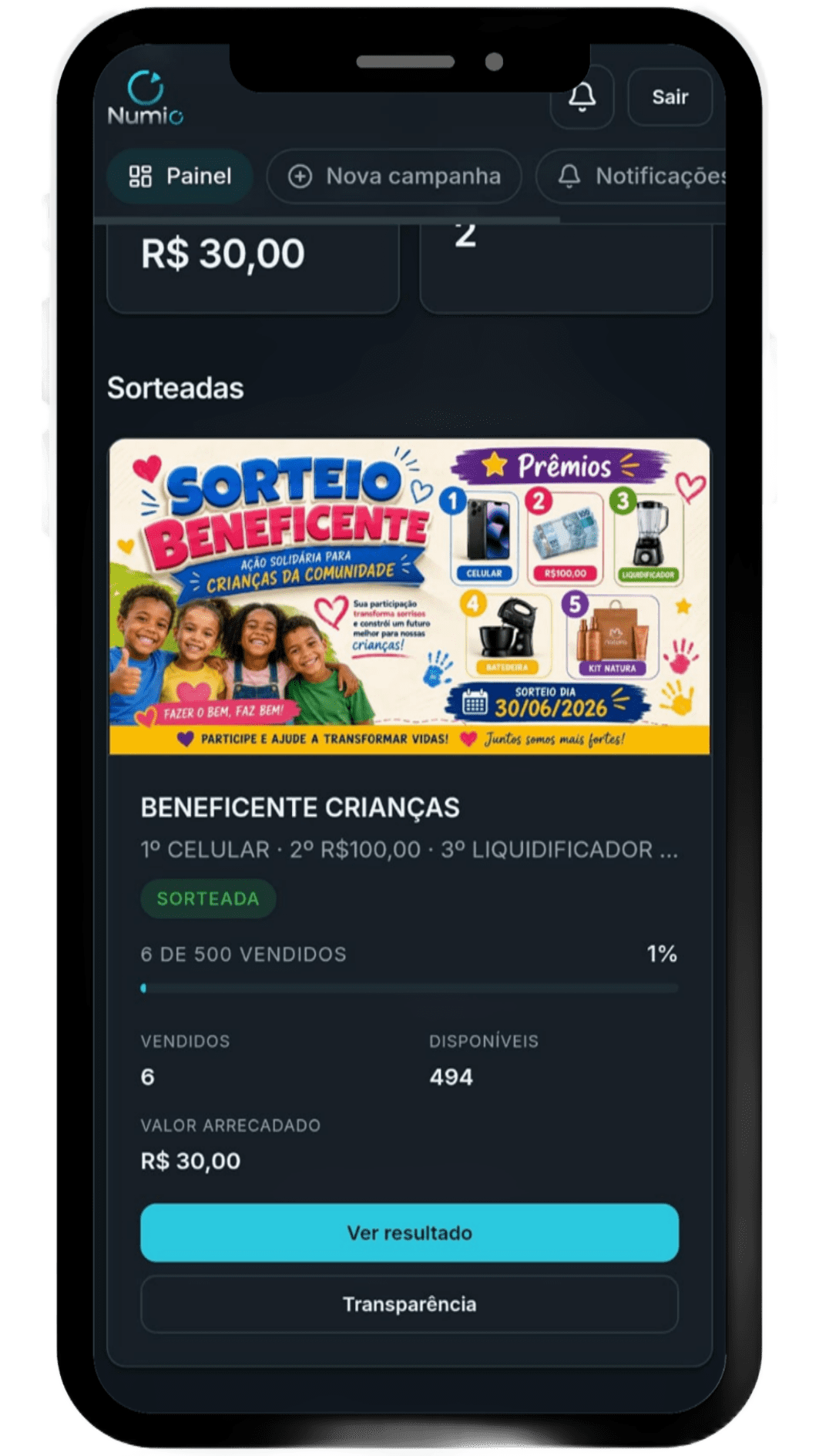 Tela do participante no Numio: campanha, progresso, valor arrecadado e botões Ver resultado e Transparência.
