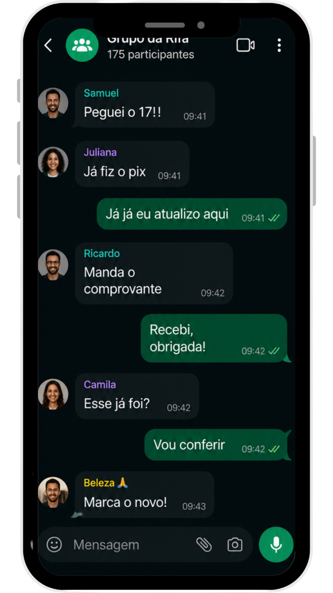 Conversa lotada no 'Grupo da Campanha' no WhatsApp: pedidos de número, comprovantes e confirmações manuais.